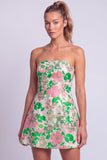Vestido corto floral azul claro estampado en línea en A sin tirantes para el homecoming