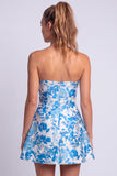 Vestido corto floral azul claro estampado en línea en A sin tirantes para el homecoming