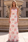 Vestido largo de graduación floral de satén rosa sin tirantes sin lentejuelas con lazo en la espalda
