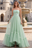 Vestido largo de graduación sin tirantes verde salvia Tul de línea alta y bajo