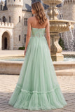 Vestido largo de graduación sin tirantes verde salvia Tul de línea alta y bajo