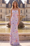 Vestido largo de baile de graduación con tirantes finos florales lila de sirena