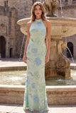 Vestido largo de baile de fin de curso, sirena sin espalda verde salvia con cuello alto, lentejuelas