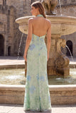 Vestido largo de baile de fin de curso, sirena sin espalda verde salvia con cuello alto, lentejuelas