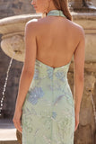 Vestido largo de baile de fin de curso, sirena sin espalda verde salvia con cuello alto, lentejuelas