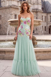 Vestido largo largo floral sin tirantes de tul sirena verde sirena con lentejuelas