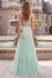 Vestido largo largo floral sin tirantes de tul sirena verde sirena con lentejuelas