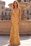 Vestido largo dorado de graduación de tirantes brillantes de sirena