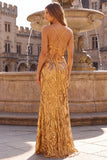 Vestido largo dorado de graduación de tirantes brillantes de sirena