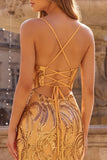 Vestido largo dorado de graduación de tirantes brillantes de sirena