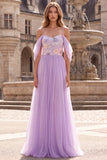 Vestido largo de baile de graduación de tul de tul de hombros fríos lila