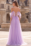 Vestido largo de baile de graduación de tul de tul de hombros fríos lila