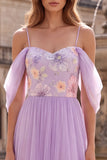 Vestido largo de baile de graduación de tul de tul de hombros fríos lila