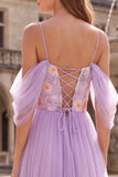 Vestido largo de baile de graduación de tul de tul de hombros fríos lila