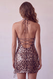 Vestido mini de bienvenida a casa con estampado de leopardo con cordones