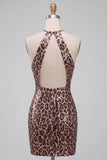 Vestido corto de bienvenida a casa con estampado de leopardo con lentejuelas con estampado de leopardo con estilo de corte