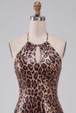 Vestido corto de bienvenida a casa con estampado de leopardo con lentejuelas con estampado de leopardo con estilo de corte