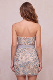 Vestido corto de bienvenida a casa, lentejuelas bodycon color gris claro, tirantes con cuentas y lazo.