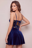 Corsé de terciopelo azul marino con estampado floral vestido de bienvenida