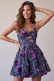 Vestido corto corto floral de bienvenida Plum A-Line Sweetheart