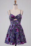 Vestido corto corto floral de bienvenida Plum A-Line Sweetheart