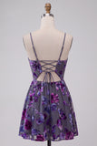 Vestido corto corto floral de bienvenida Plum A-Line Sweetheart
