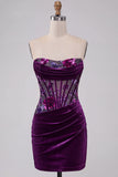 Corsé de terciopelo morado bodycon sin tirantes florales fruncidos, vestido corto de bienvenida