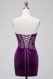 Corsé de terciopelo morado bodycon sin tirantes florales fruncidos, vestido corto de bienvenida