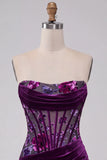 Corsé de terciopelo morado bodycon sin tirantes florales fruncidos, vestido corto de bienvenida