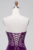 Corsé de terciopelo morado bodycon sin tirantes florales fruncidos, vestido corto de bienvenida