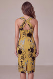 Vestido de invitado de invitado midi floral color enfundado amarillo pelirrojo