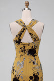 Vestido de invitado de invitado midi floral color enfundado amarillo pelirrojo