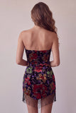 Vestido mini de bienvenida a casa negro bodycon tirantes florales con flecos