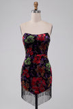 Vestido mini de bienvenida a casa negro bodycon tirantes florales con flecos