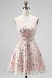 Vestido corto de bienvenida corto de bienvenida con bordado floral sin tirantes Línea A sin tirantes