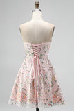 Vestido corto de bienvenida corto de bienvenida con bordado floral sin tirantes Línea A sin tirantes