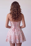 Vestido corto de bienvenida corto de bienvenida con bordado floral sin tirantes Línea A sin tirantes