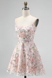 Vestido corto de bienvenida corto de bienvenida con bordado floral sin tirantes Línea A sin tirantes