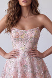 Vestido corto de bienvenida corto de bienvenida con bordado floral sin tirantes Línea A sin tirantes