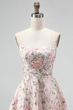 Vestido corto de bienvenida corto de bienvenida con bordado floral sin tirantes Línea A sin tirantes