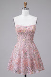 Vestido corto de bienvenida corto de bienvenida con bordado floral sin tirantes Línea A sin tirantes