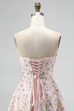 Vestido corto de bienvenida corto de bienvenida con bordado floral sin tirantes Línea A sin tirantes