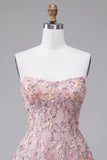 Vestido corto de bienvenida corto de bienvenida con bordado floral sin tirantes Línea A sin tirantes