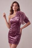 Vestido de cóctel vintage de terciopelo malva con un solo hombro y flor 3D
