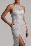 Vestido de madre de la novia con bolsillos azul polvoriento y funda con cuentas
