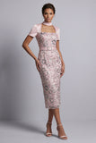 Vestido de madre de la novia, vestido midi de manga corta de escote cuadrado rosa claro