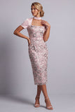 Vestido de madre de la novia, vestido midi de manga corta de escote cuadrado rosa claro