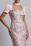 Vestido de madre de la novia, vestido midi de manga corta de escote cuadrado rosa claro