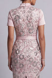 Vestido de madre de la novia, vestido midi de manga corta de escote cuadrado rosa claro