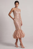 Blush sirena Bolsillos de cuello alto con dobladillo burbuja Vestido midi Madre de la novia con lentejuelas